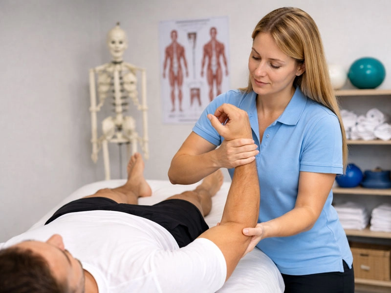 Neurophysiologische Therapie mit gezielter Armbehandlung Therapeutin behandelt den Arm eines Patienten im Rahmen einer neurophysiologischen Therapie